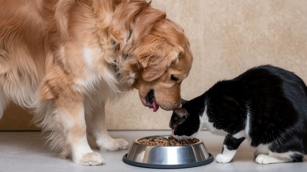 A dog and a Cat Eating from Food Bowls.