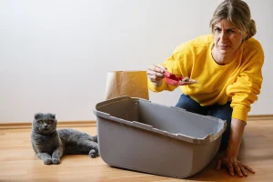 A woman sits on the floor beside a cat using a litter box, creating a cozy and domestic scene.