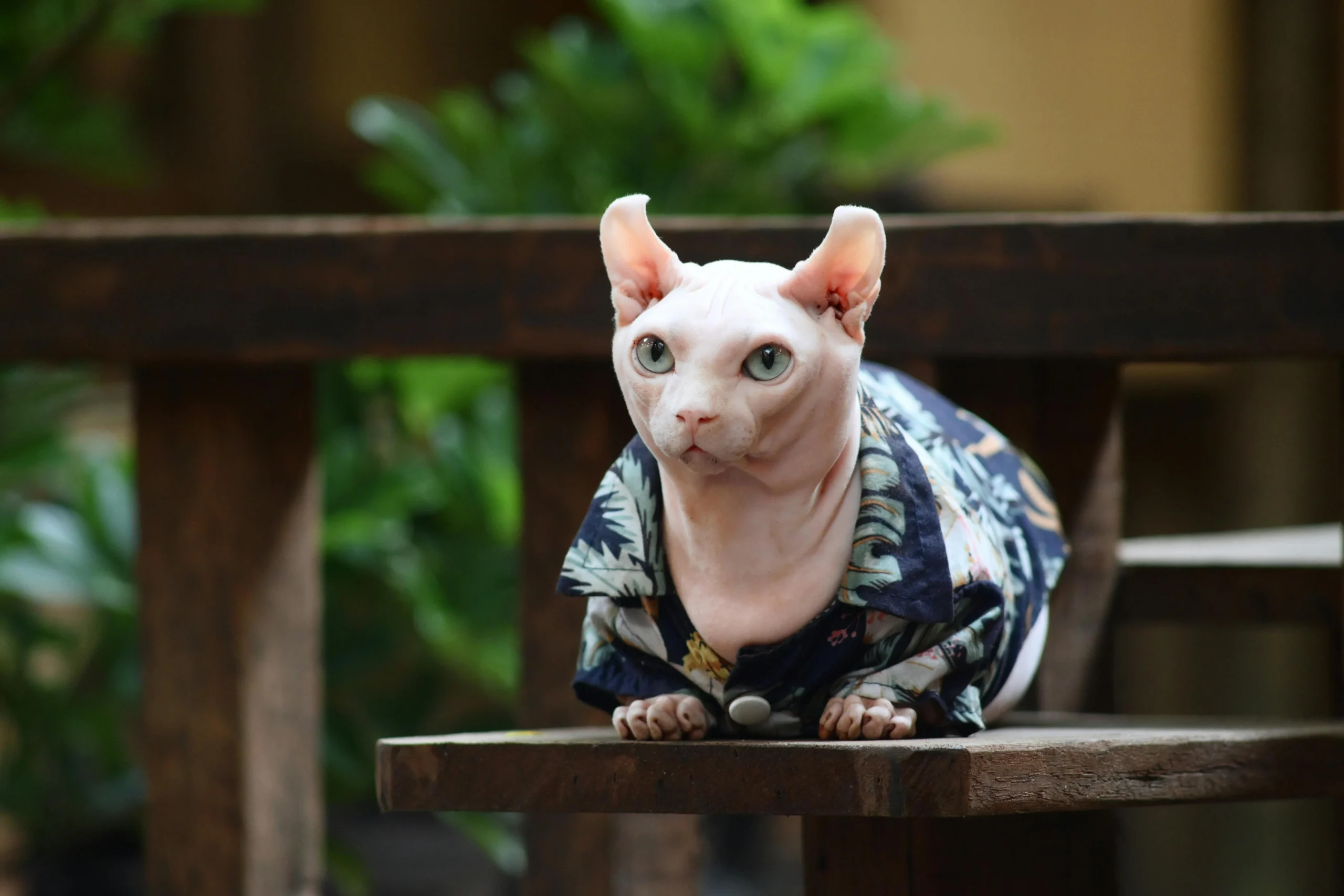 A hairless cat in a shirt sits on a bench, looking curiously at its surroundings.