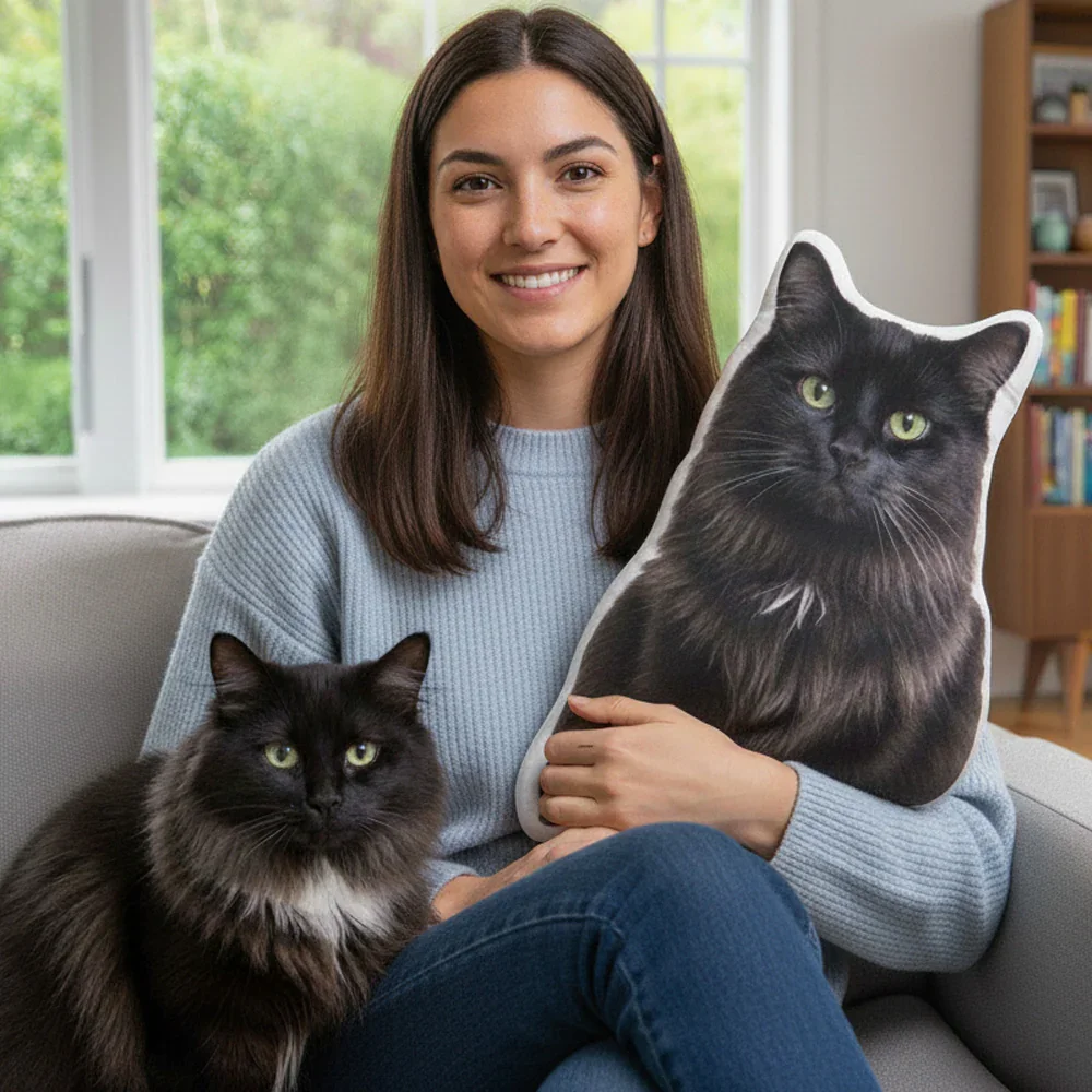 a woman on the couch with her cat and her custom cat pillow