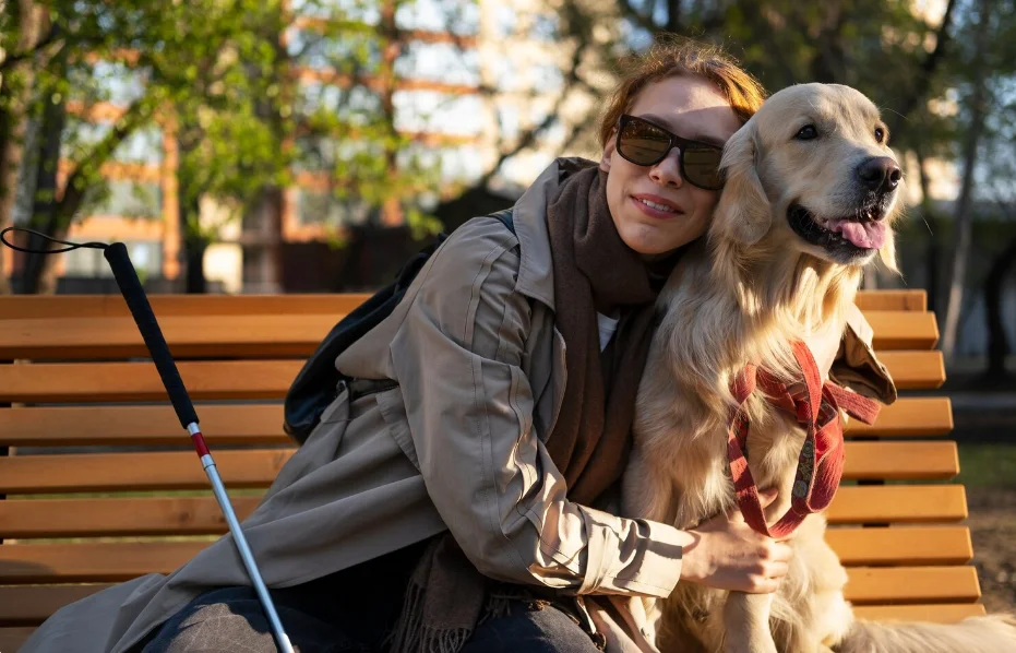 blind woman hugging her guide dog with service collar