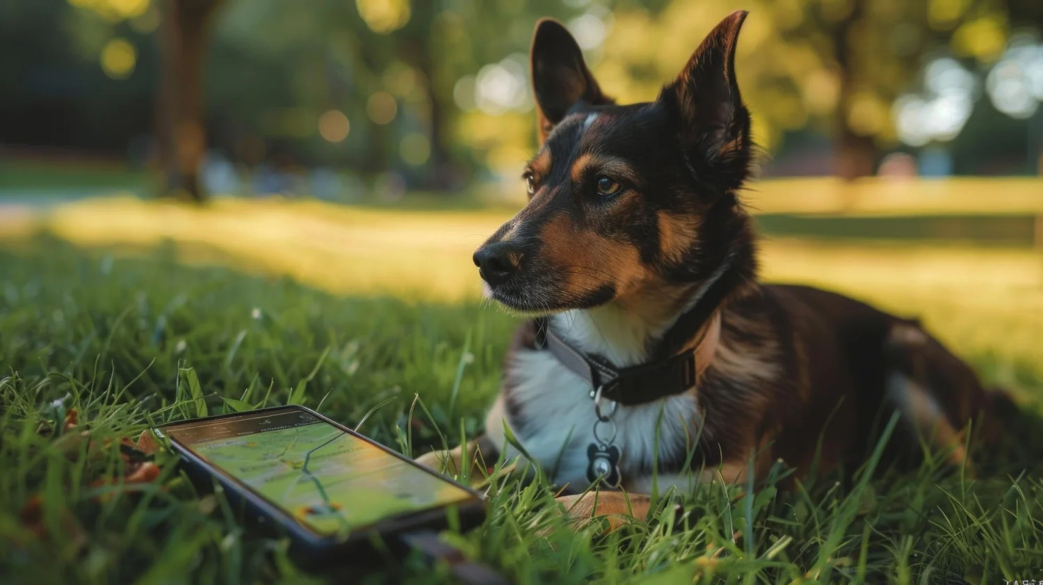 a microchipped dog sitting in a park next to a mobile with GPS tracking on it 