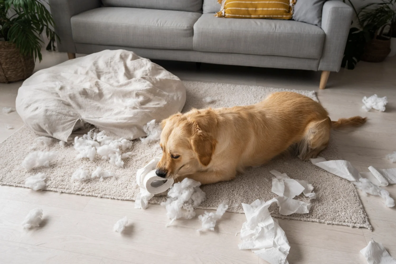 A young dog gnaws on a toilet paper roll while the owner looks concerned, illustrating destructive behavior problems.