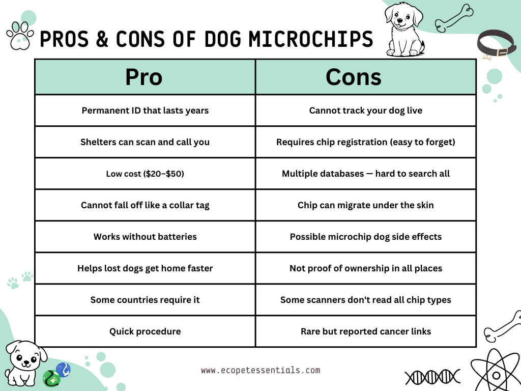 A table with pros and cons of microchipping dogs 