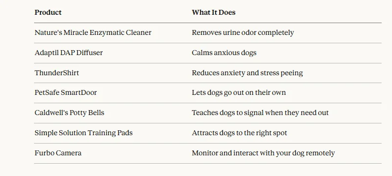 A table showing producst that are perfect for cleaing up accidental dog pee