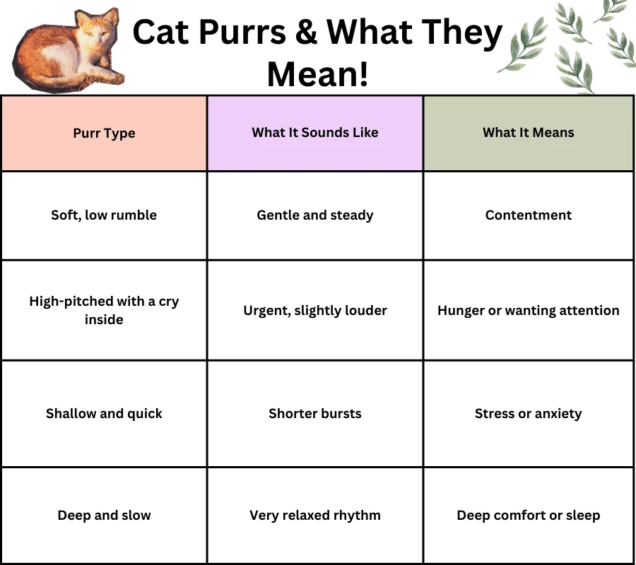 table showing different types of purrs and what they mean 