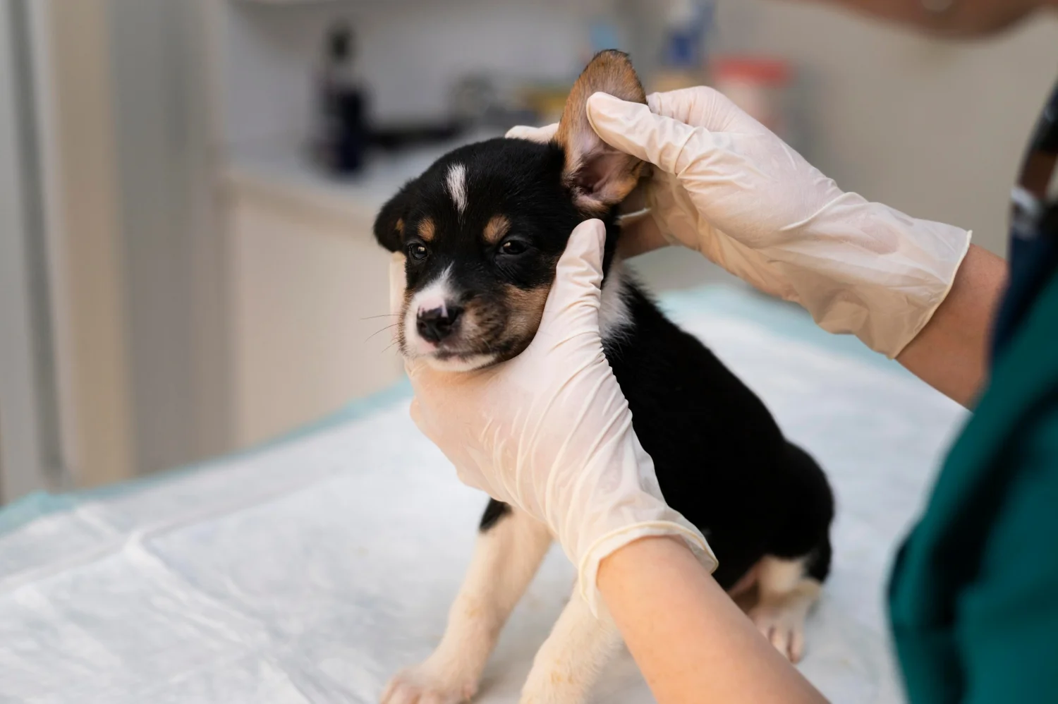 Puppy at the vet getting ear drops.